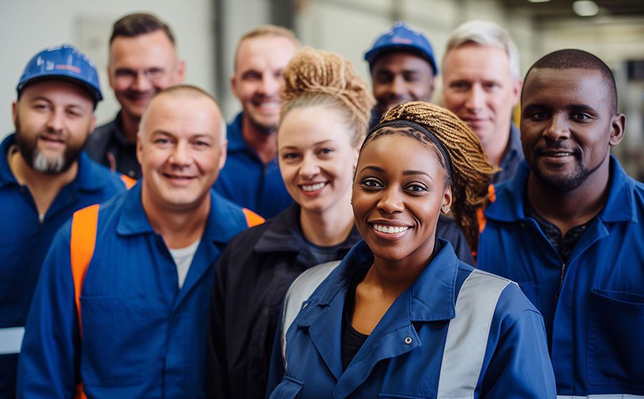 Diverse group of industrial workers smiling and standing togethe